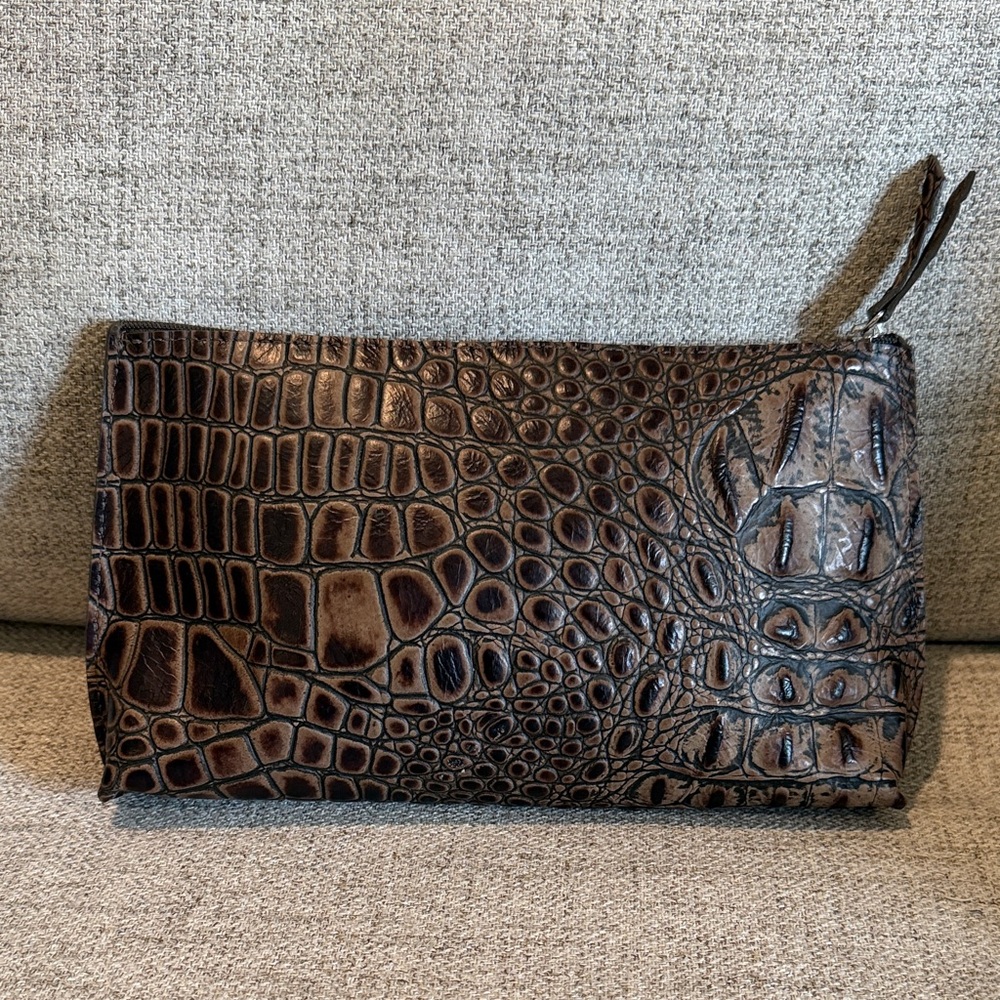 B. May Brown Gator/Croc Embossed zip clutch/pouch used